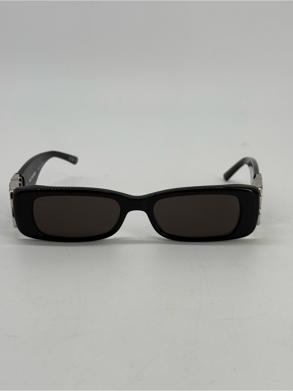 Balenciaga Black Slim Rectangular Sunglasses with Silver Accents